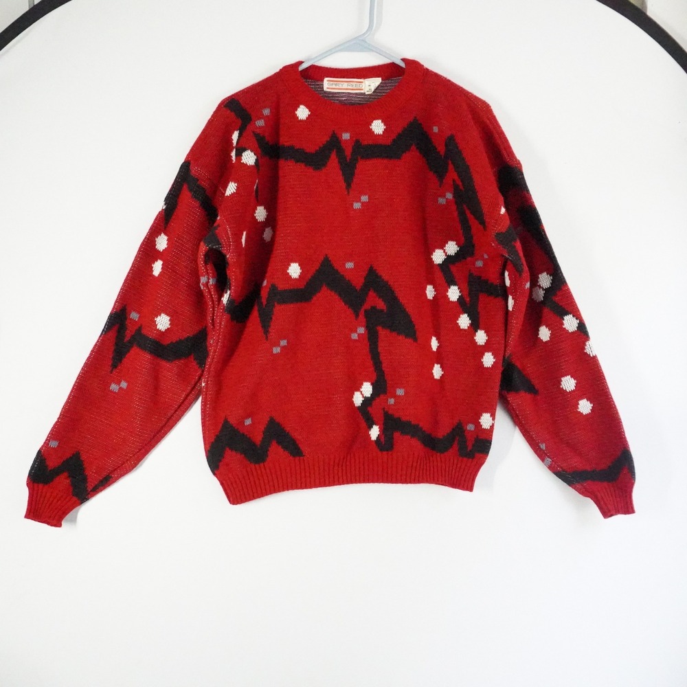 VTG Gary Reed Red Black Double Knit Geometric Pattern Acrylic Crewneck Sweater M